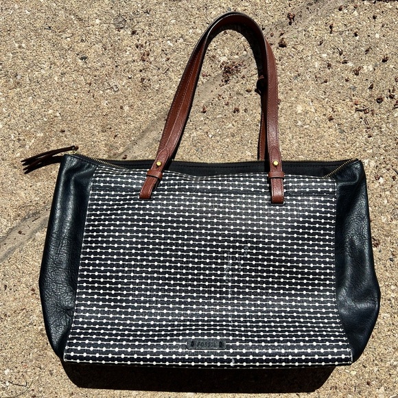 Fossil Leather Black and White Tote Bag - Picture 1 of 16